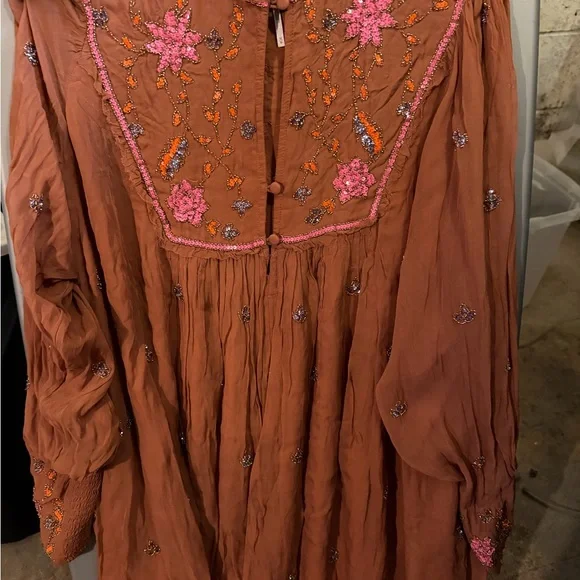 Free People Rust Orange Mini Dress with Pink Embroidery - Picture 1 of 3
